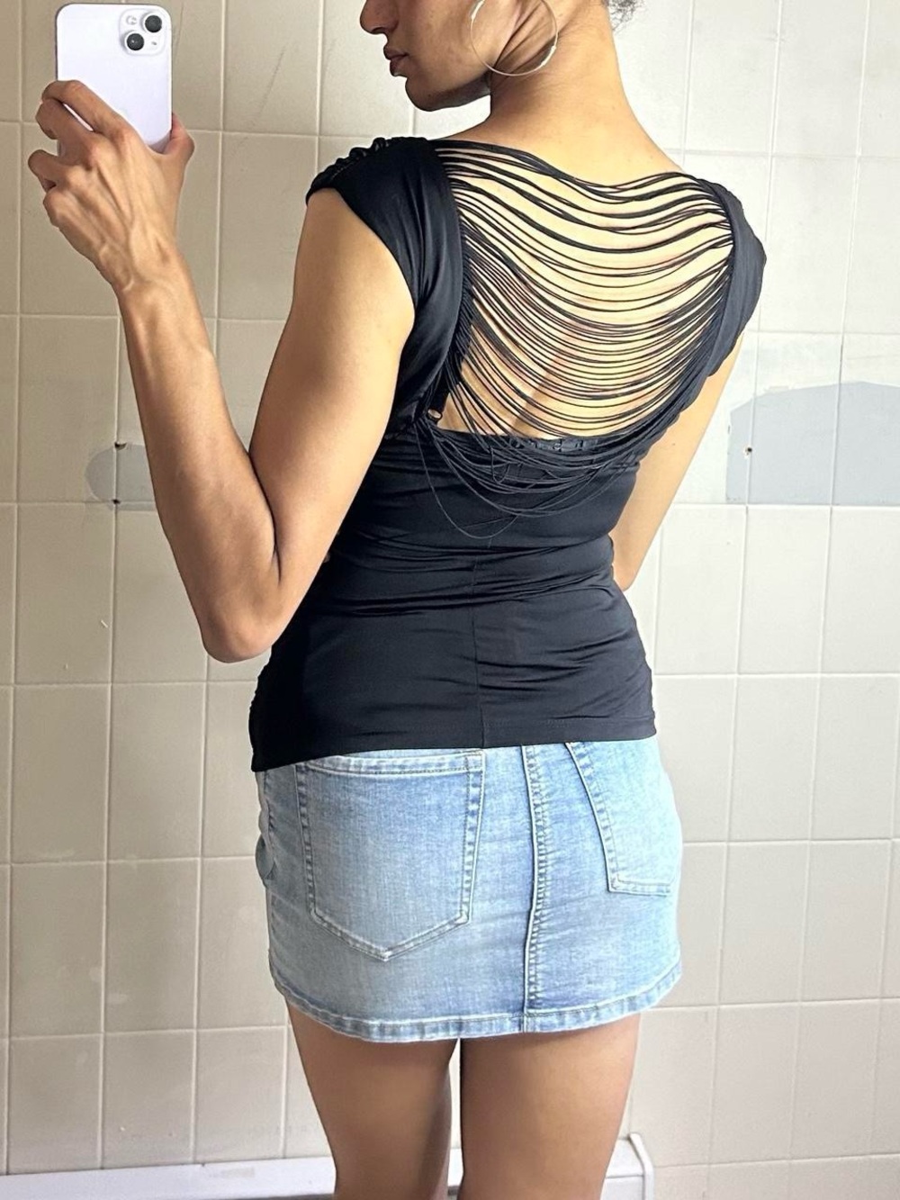 Y2K Black Cowl Neck Top with Shredded Back